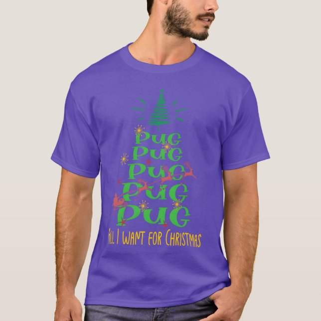 Pug Christmas Dog breed Christmasree retro T-Shirt (Front)