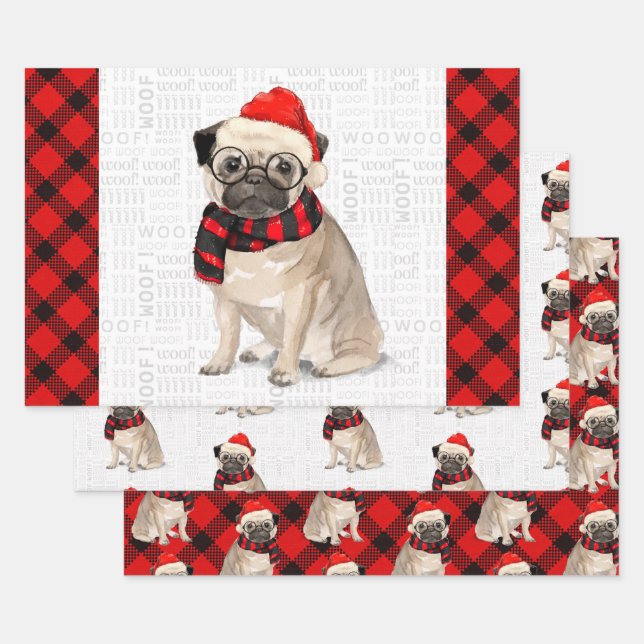 Pug Christmas Dog on Red and Black Plaid Wrapping  Paper Sheets (Set)