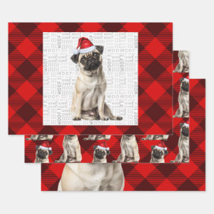 Pug Christmas Dog Red Buffalo Plaid Wrapping Paper Sheets