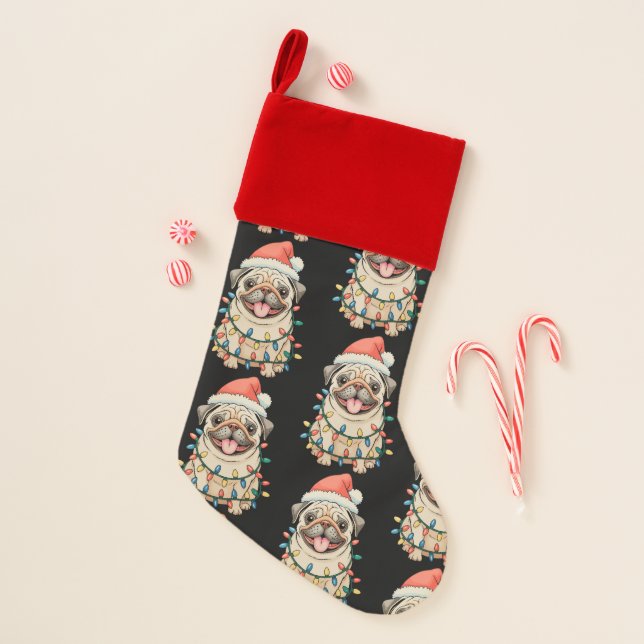 Pug Christmas Dog Sant Hat Xmas Lights Pugmas Christmas Stocking (Front)