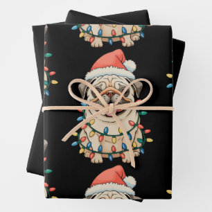 Pug Christmas Dog Sant Hat Xmas Lights Pugmas Wrapping Paper Sheets