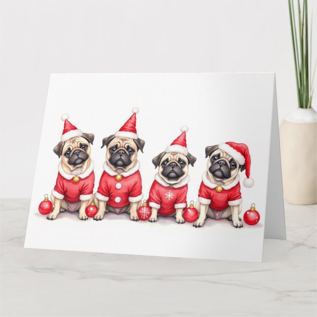 Pug Christmas Dress Santa Hat Card (Front)