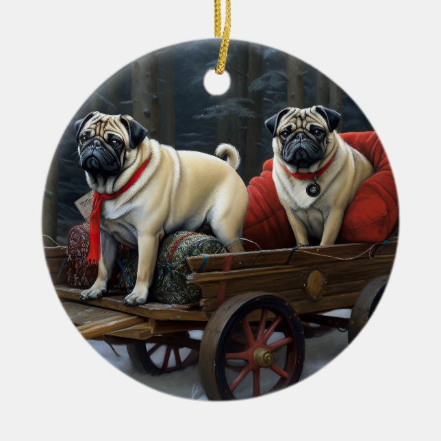 Pug Christmas Festive Season Ceramic Ornament (Front)