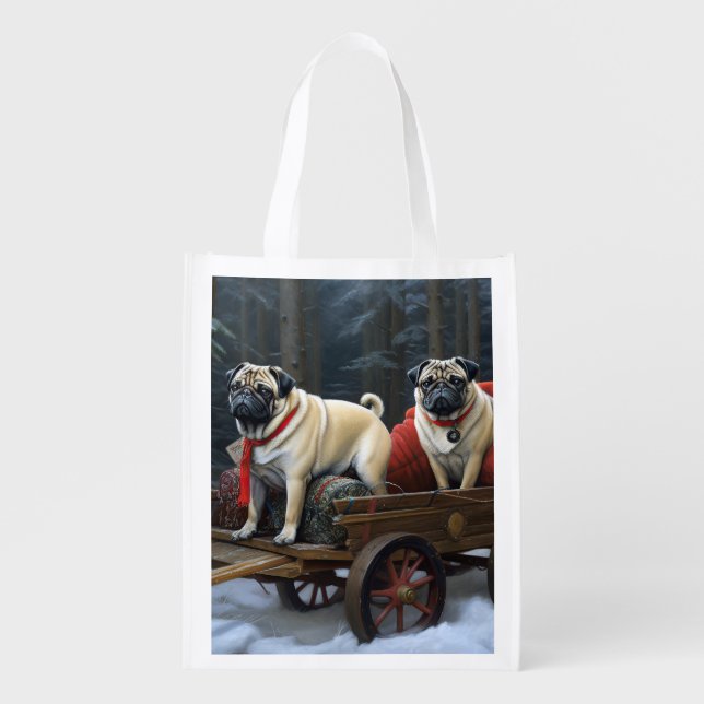 Pug Christmas Festive Season Grocery Bag (Front)