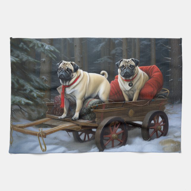 Pug Christmas Festive Season Kitchen Towel (Horizontal)