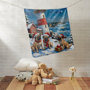 Pug Christmas Lighthouse Holiday Baby Blanket