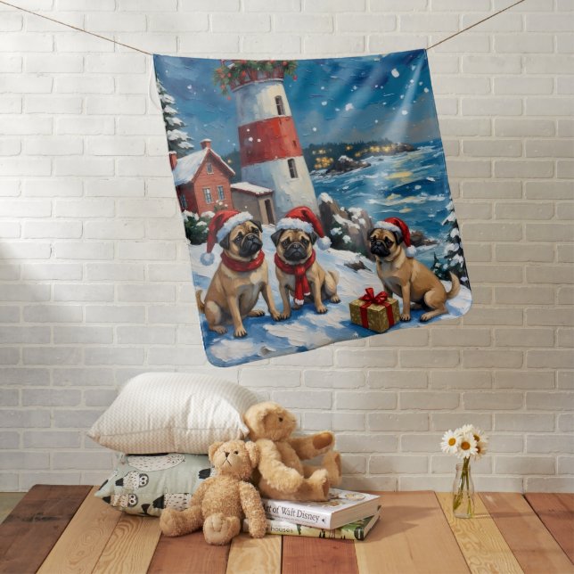 Pug Christmas Lighthouse Holiday Baby Blanket (In Situ)