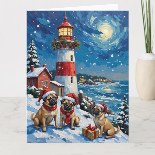 Pug Christmas Lighthouse Holiday Card (Front)