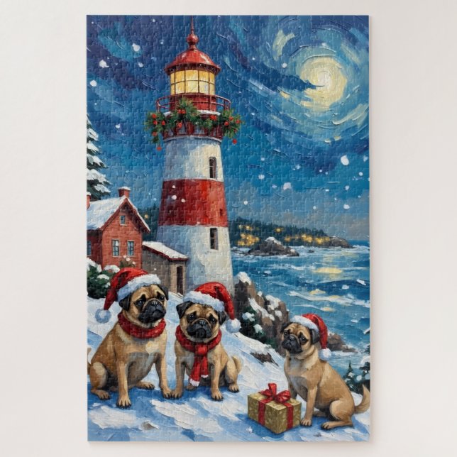 Pug Christmas Lighthouse Holiday Jigsaw Puzzle (Vertical)