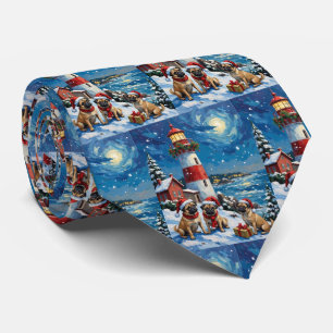 Pug Christmas Lighthouse Holiday Neck Tie