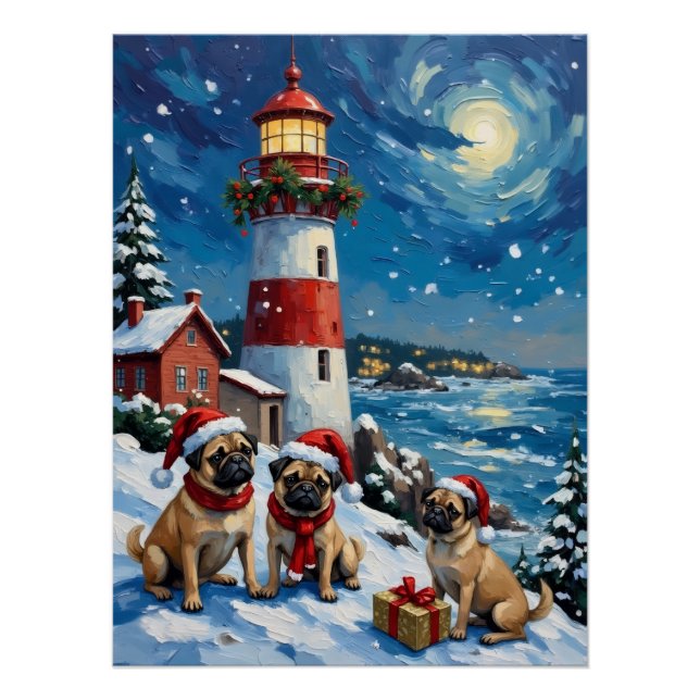 Pug Christmas Lighthouse Holiday Poster (Front)