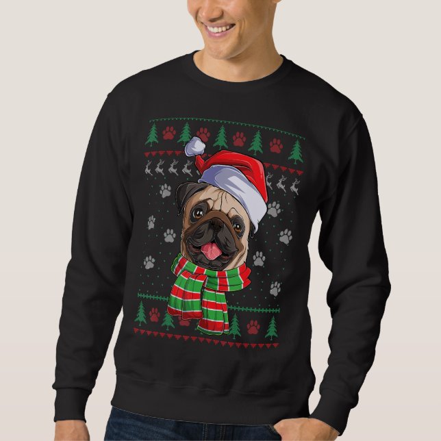 Pug Christmas Lights Santa Hat Dog  Ugly Sweater (Front)