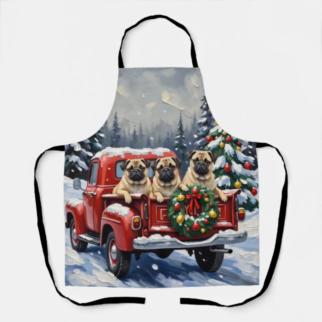 Pug Christmas Red Truck Holiday Apron (Front)