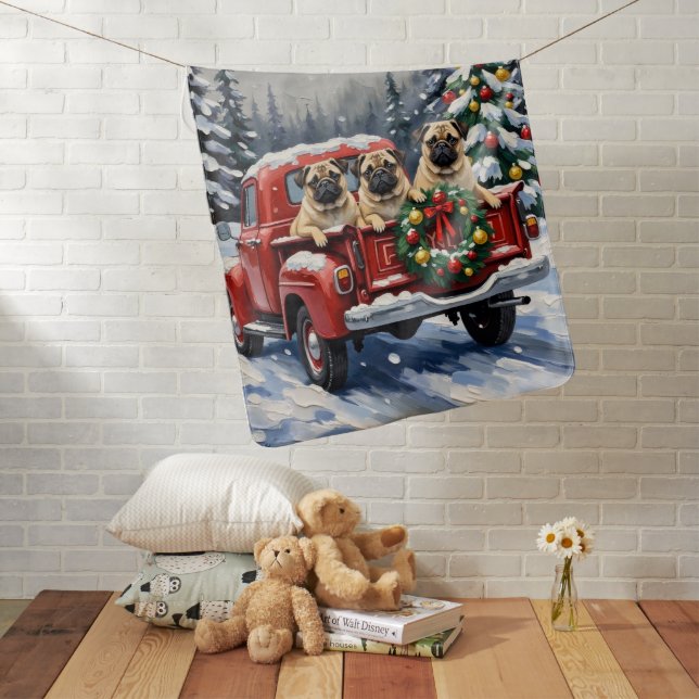 Pug Christmas Red Truck Holiday Baby Blanket (In Situ)