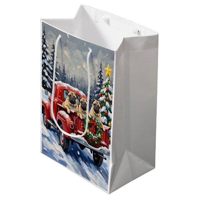Pug Christmas Red Truck Holiday Medium Gift Bag (Front Angled)