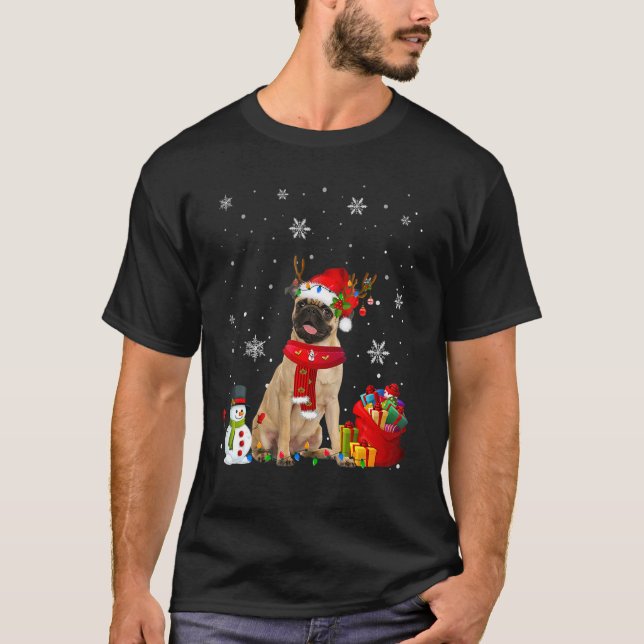 Pug Christmas Tree Lights Dog Puppy T-Shirt (Front)
