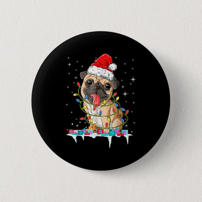 Pug Christmas Tree Lights Santa Dog Xmas  Button (Front)