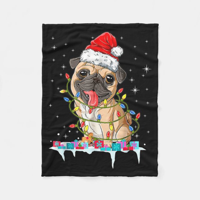 Pug Christmas Tree Lights Santa Dog Xmas  Fleece Blanket (Front)