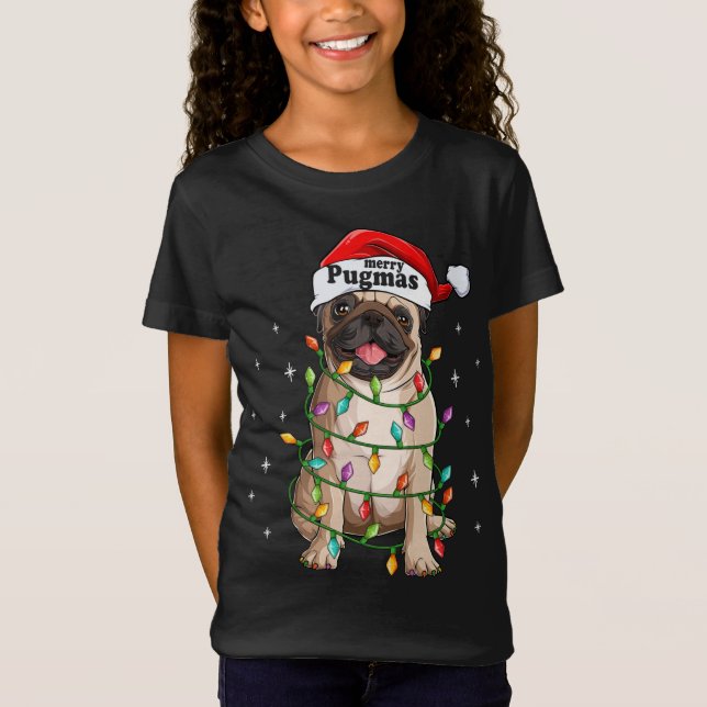 Pug Christmas Tree Lights Santa Dog Xmas Funny Mer T-Shirt (Front)