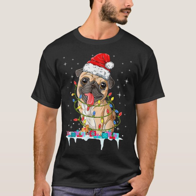 Pug Christmas Tree Lights Santa Dog Xmas  T-Shirt (Front)