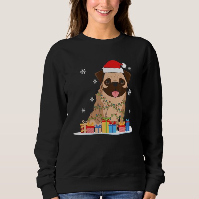 Pug Christmas Tree Lights Santa Hat Xmas Pajama Bo Sweatshirt (Front)
