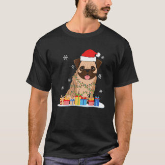 Pug Christmas Tree Lights Santa Hat Xmas Pajama Bo T-Shirt