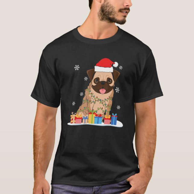 Pug Christmas Tree Lights Santa Hat Xmas Pajama Bo T-Shirt (Front)