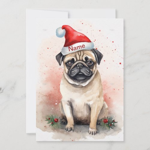 Pug Christmas Watercolor Art with Poinsettia Holiday Card