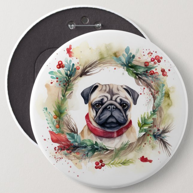 Pug Christmas Wreath Festive Pup  Button (Front & Back)