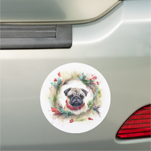 Pug Christmas Wreath Festive Pup  Car Magnet