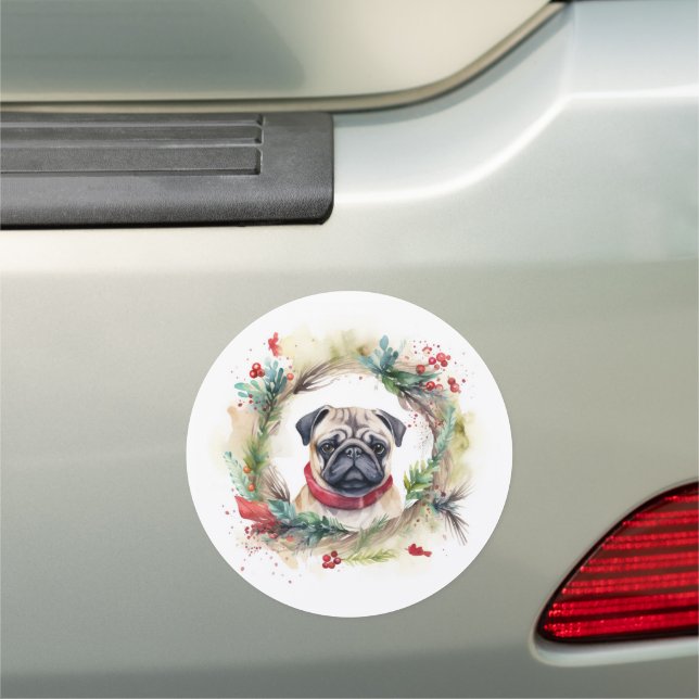 Pug Christmas Wreath Festive Pup  Car Magnet (In Situ)