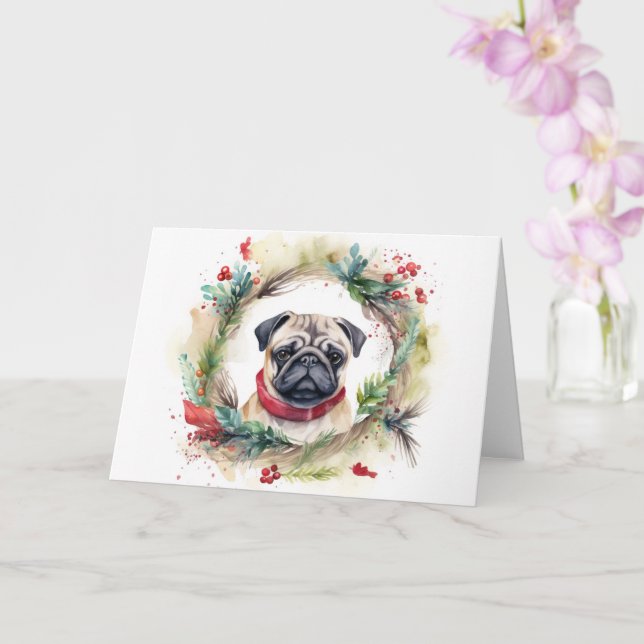 Pug Christmas Wreath Festive Pup  Card (Orchid)