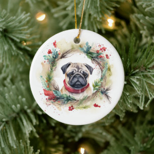 Pug Christmas Wreath Festive Pup Ceramic Ornament