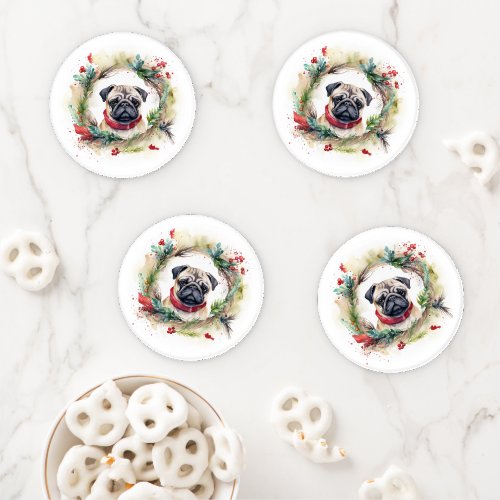 Pug Christmas Wreath Festive Pup  Coaster Set