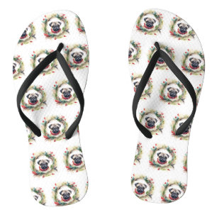 Pug Christmas Wreath Festive Pup Flip Flops