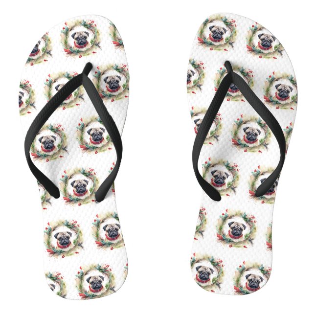 Pug Christmas Wreath Festive Pup  Flip Flops (Footbed)