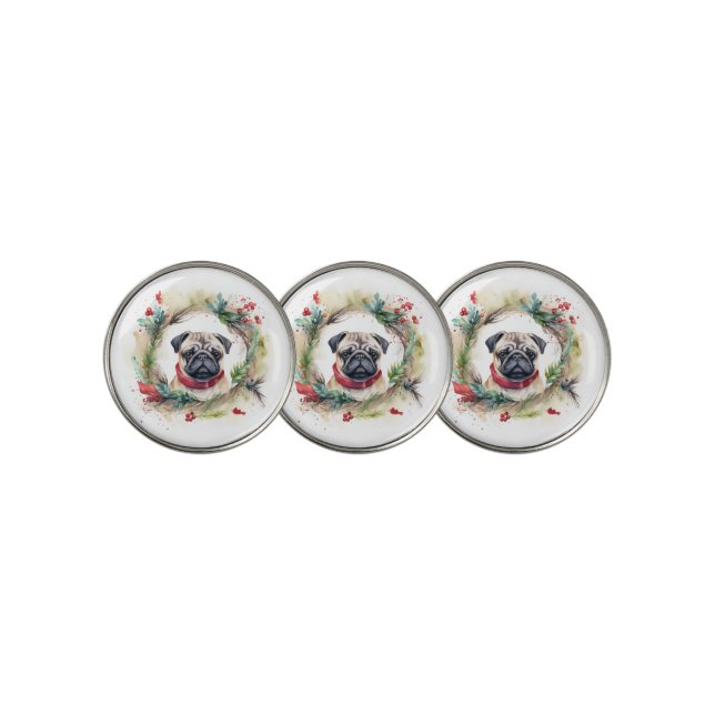 Pug Christmas Wreath Festive Pup  Golf Ball Marker (3 Up)