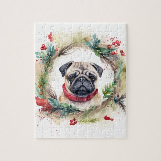 Pug Christmas Wreath Festive Pup  Jigsaw Puzzle (Vertical)