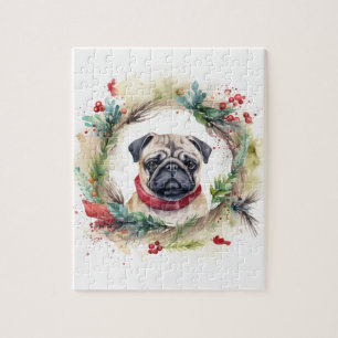 Pug Christmas Wreath Festive Pup Jigsaw Puzzle
