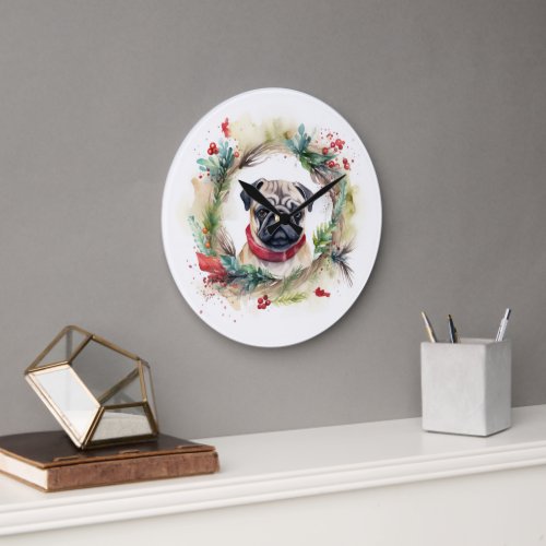 Pug Christmas Wreath Festive Pup  Large Clock