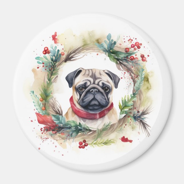 Pug Christmas Wreath Festive Pup  Magnet (Front)