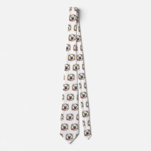 Pug Christmas Wreath Festive Pup  Neck Tie