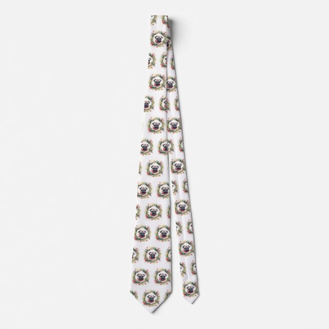 Pug Christmas Wreath Festive Pup  Neck Tie (Front)