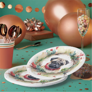 Pug Christmas Wreath Festive Pup  Paper Plates