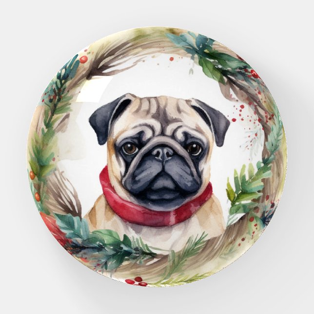 Pug Christmas Wreath Festive Pup  Paperweight (Front)