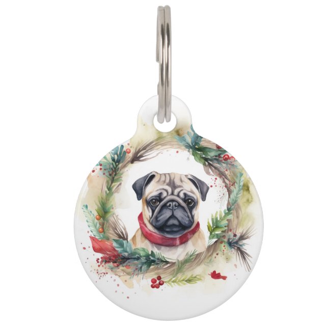 Pug Christmas Wreath Festive Pup  Pet ID Tag (Front)