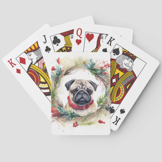 Pug Christmas Wreath Festive Pup  Poker Cards (Back)