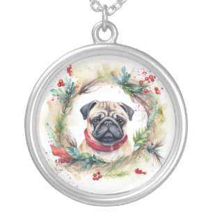 Pug Christmas Wreath Festive Pup Silver Plated Necklace