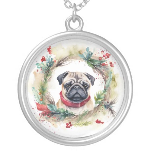 Pug Christmas Wreath Festive Pup  Silver Plated Necklace