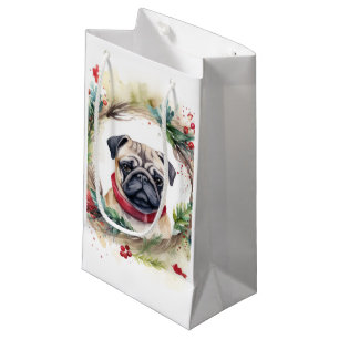 Pug Christmas Wreath Festive Pup Small Gift Bag